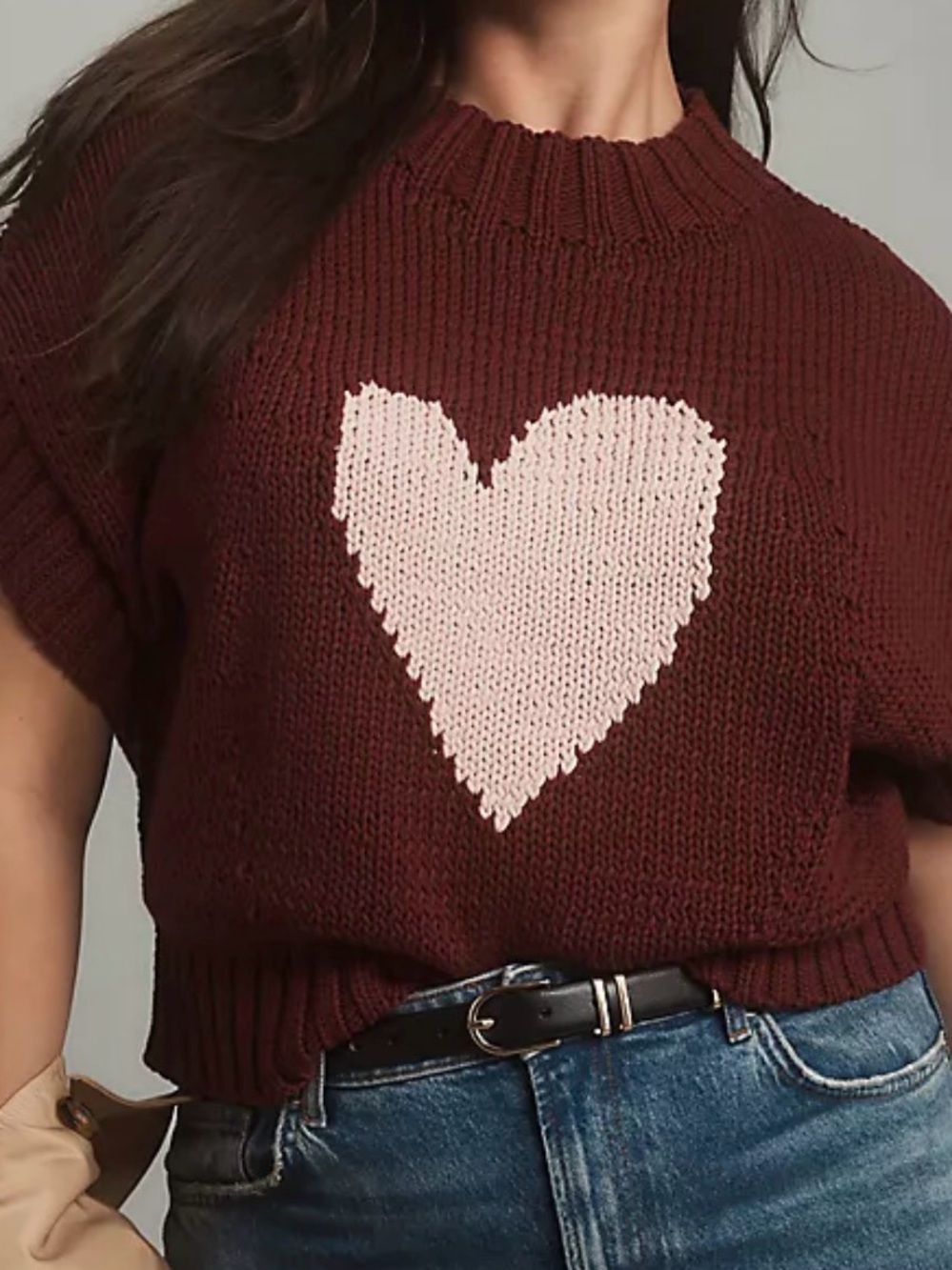 Maeve Maroon Knit Short-Sleeve Sweater with Pink Heart